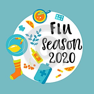 Handwritten FLU SEASON 2020 with varios means and mediciness photo